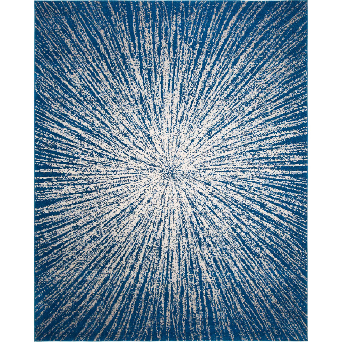 Ivory streaks radiate from the center of a deep navy rectangular area rug. || EVK228N-8 || top_studio
