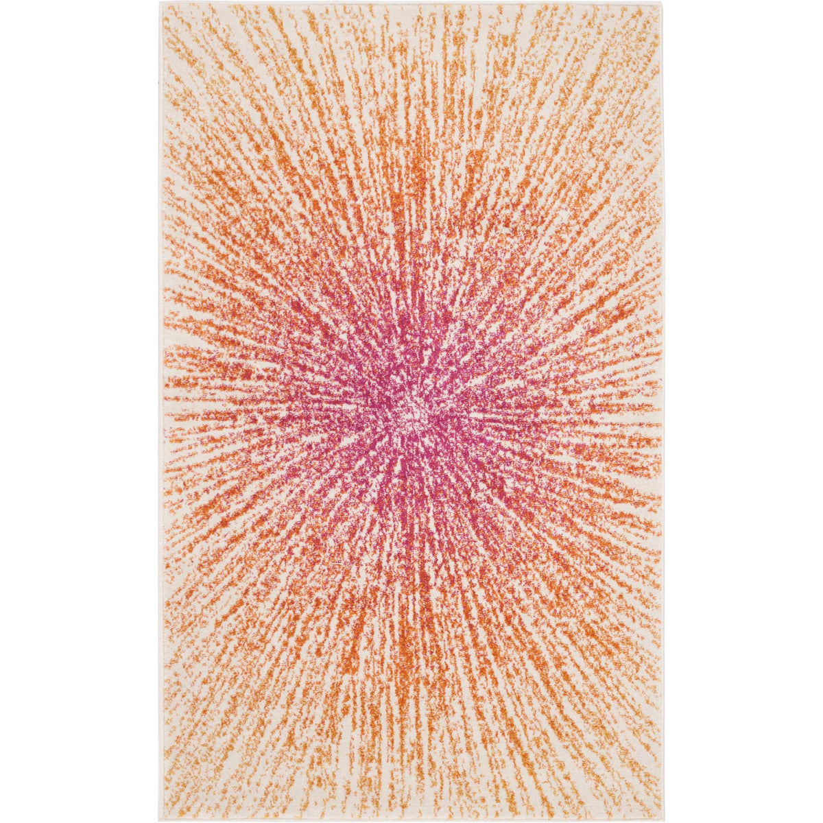 A compact rectangular rug layers bright fuchsia and orange rays on a cream field.
