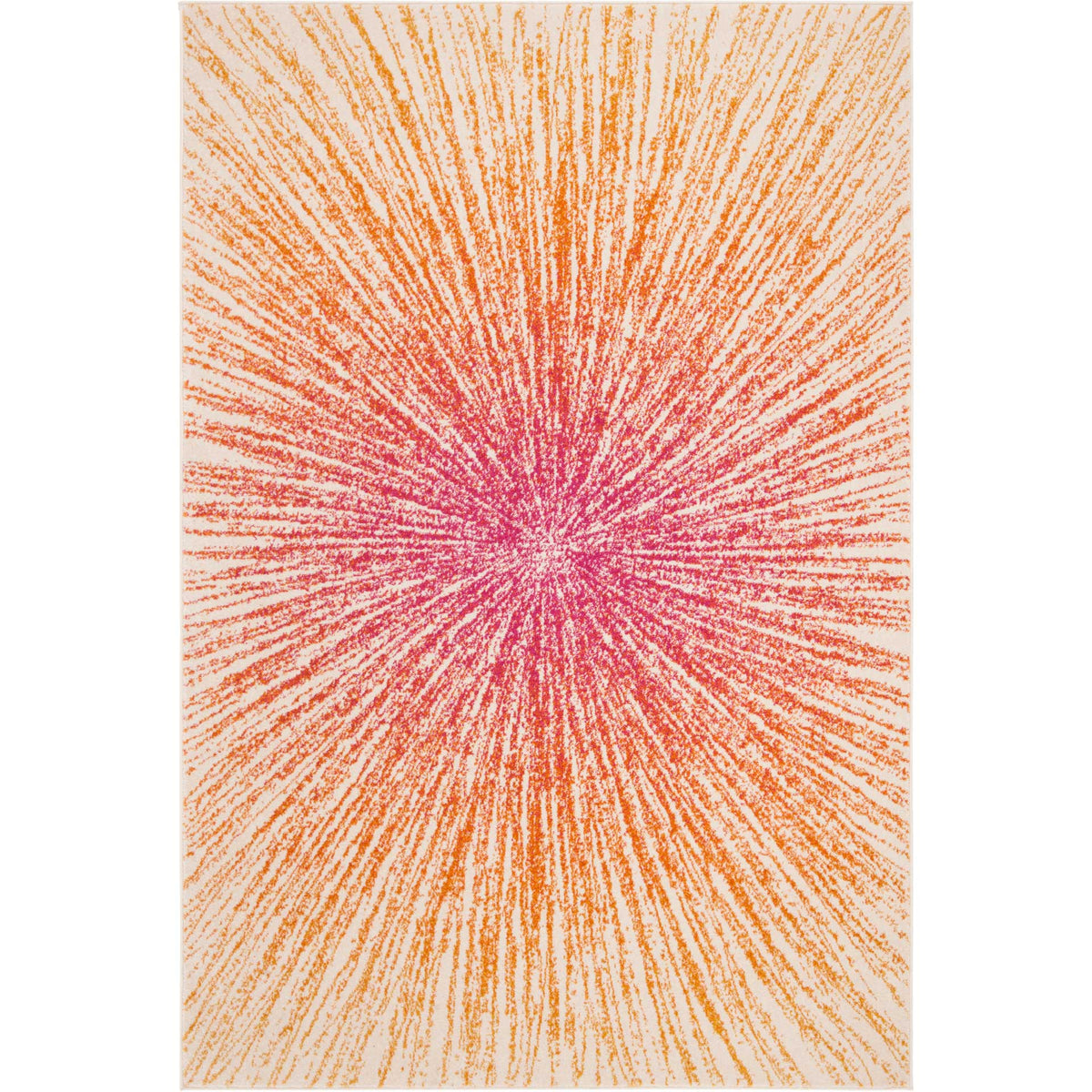 Fuchsia and orange starburst rays flare across a cream rectangular area rug. || EVK228R-8 || top_studio