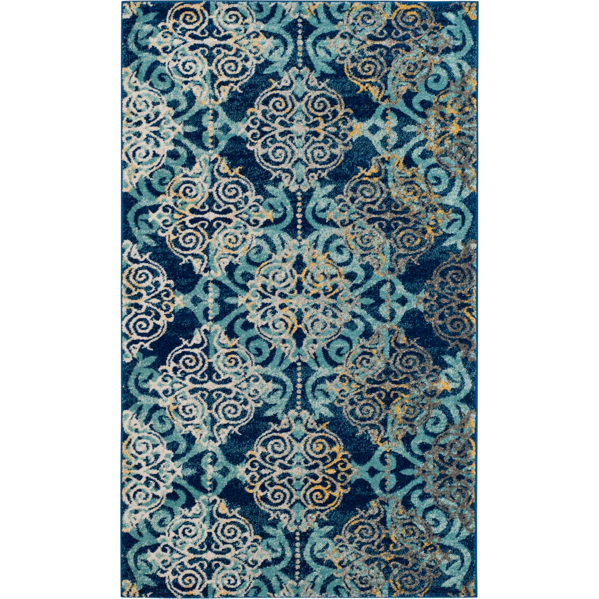 Airy light blue scrolls and subtle gold accents enrich this 3' x 5' royal blue rug.