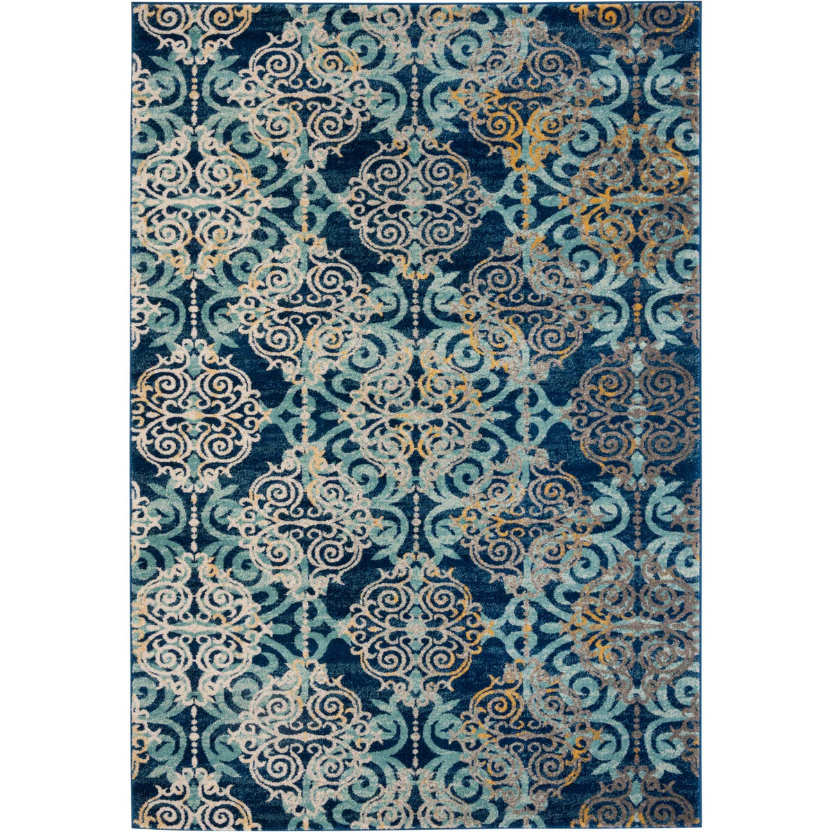 Repeating aqua and ivory scroll medallions fill this 5'3" x 7'6" royal blue rug.