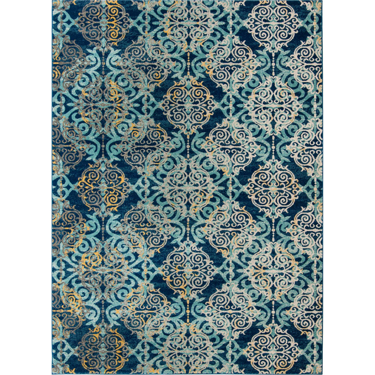 Pale blue ornamental medallions contrast with the deep royal blue field of this 6'7" x 9' rug.