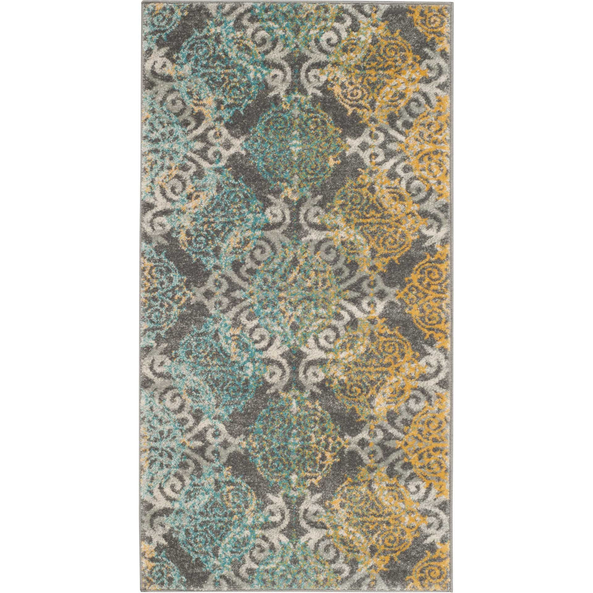 This 8' x 10' gray rug pairs ivory scrollwork with medallions shaded from gold to teal. || EVK230D-8 || top_studio