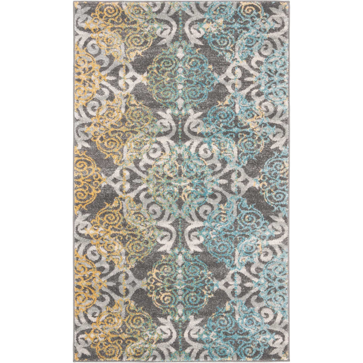 Ivory flourishes surround aqua and ochre medallions on this 3' x 5' gray rug.