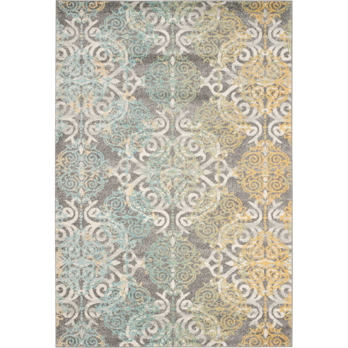 Ivory scrolls frame pale teal and gold medallions on this 5'3" x 7'6" gray rug.