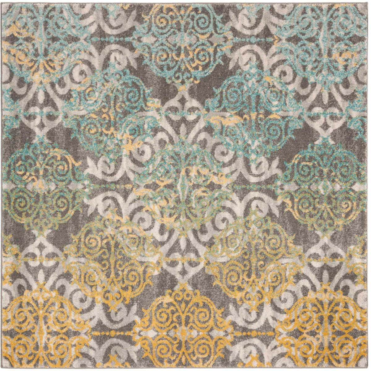 Teal and golden scrollwork brightens this gray and ivory 5'3" square rug.