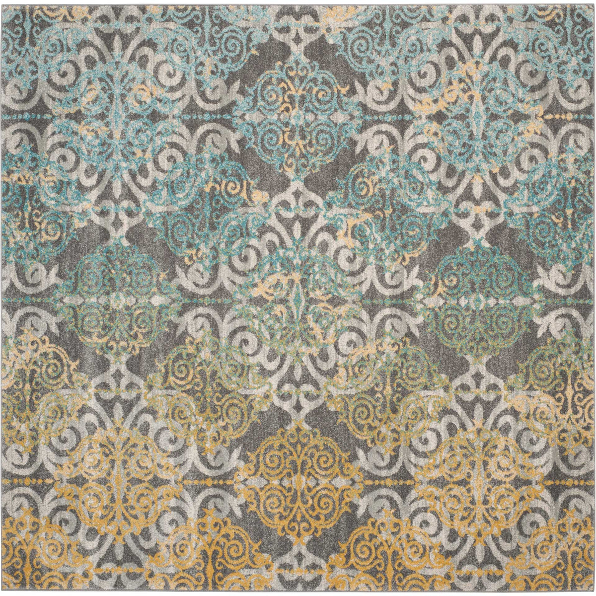 Aqua and golden medallions spread across this gray and ivory 6'7" square rug.
