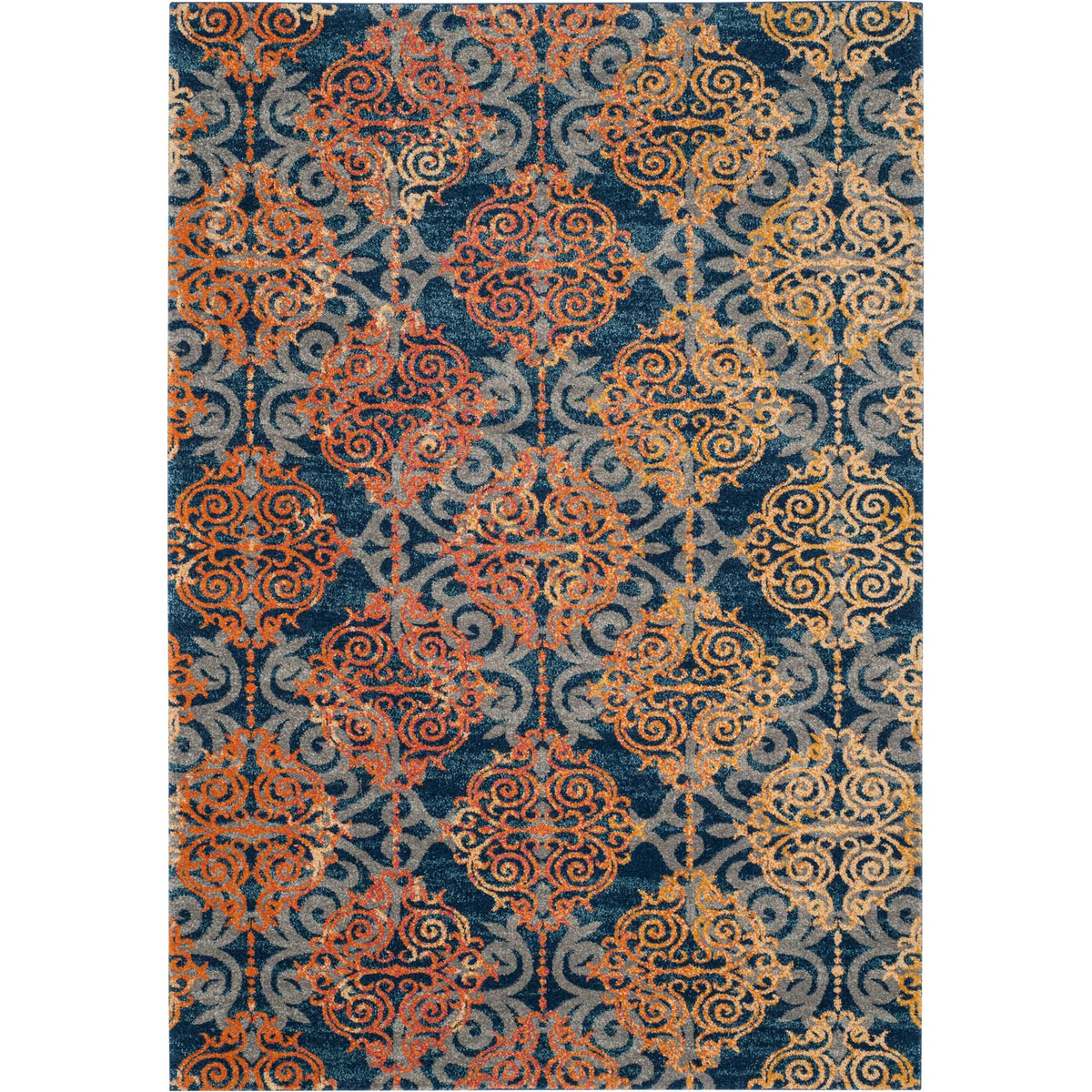 Warm orange and tan medallions wind across a navy blue 5'3" x 7'6" rug.
