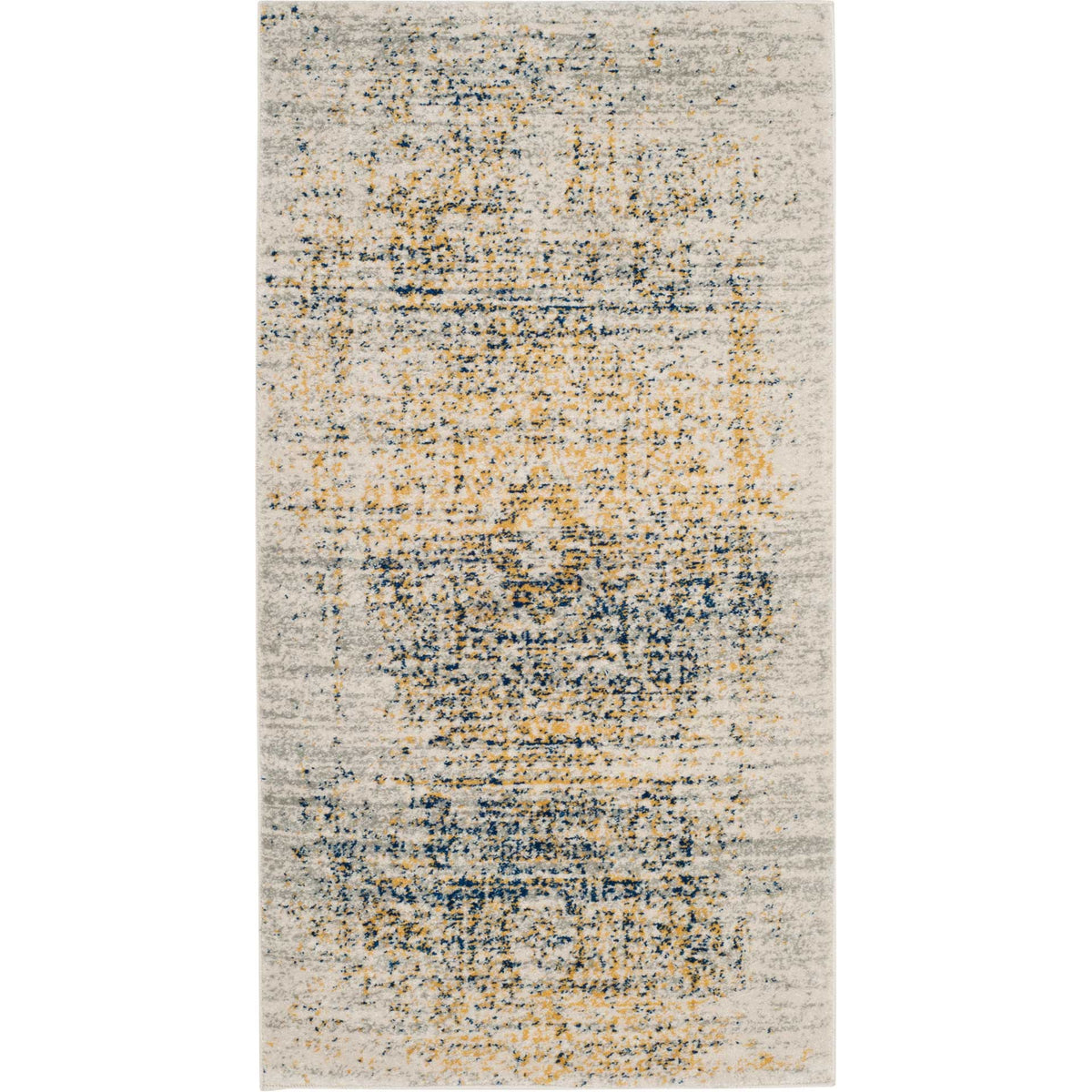 A small ivory accent rug with weathered blue-and-gold motifs and a vintage feel.