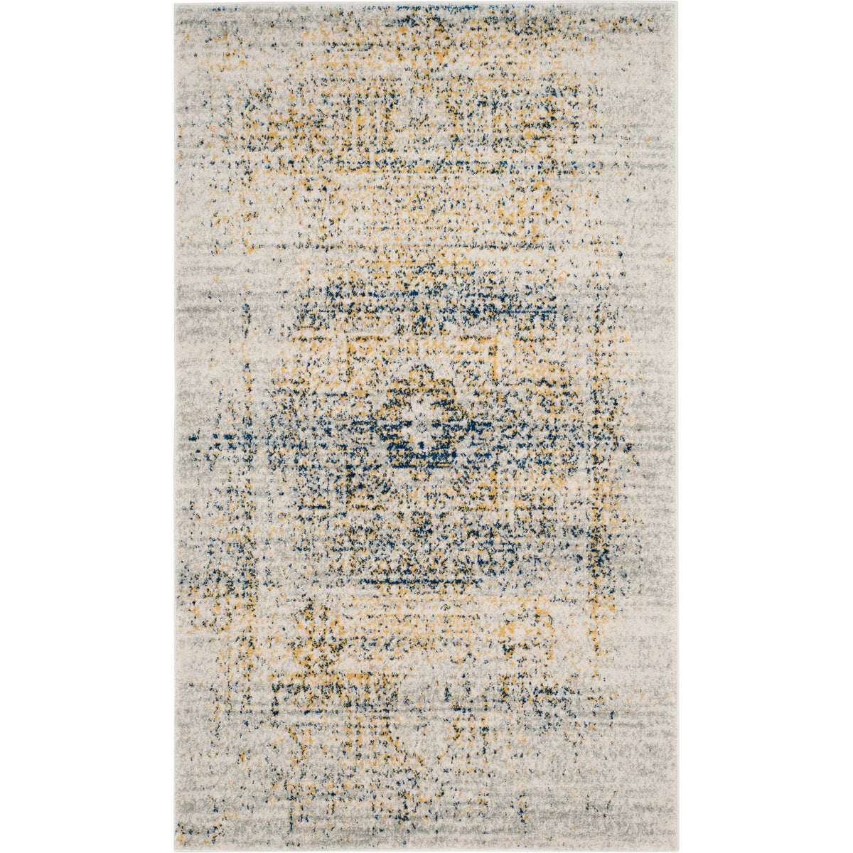 A compact ivory rug with a distressed blue medallion and hints of warm gold.