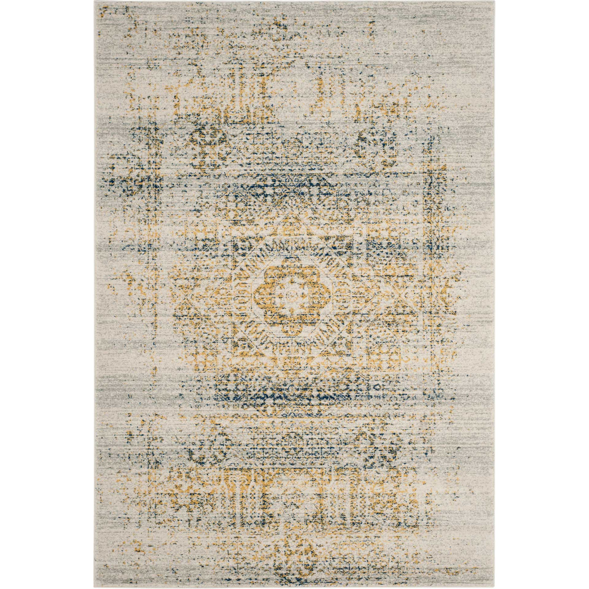 An ivory rug with a faded central medallion and scattered blue and golden details.