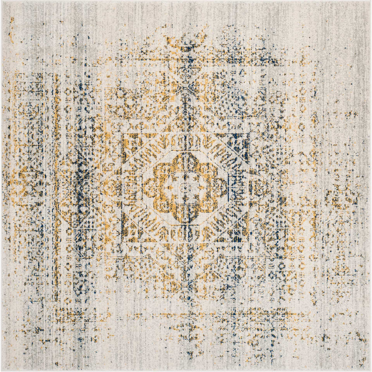 A square ivory rug with a softly distressed blue-and-gold medallion and intricate border.