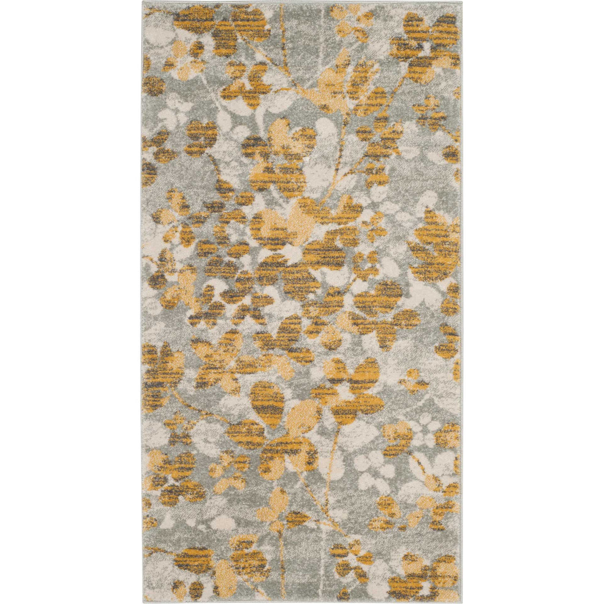 Compact gray accent rug with golden blossoms, delicate stems and a softly distressed effect