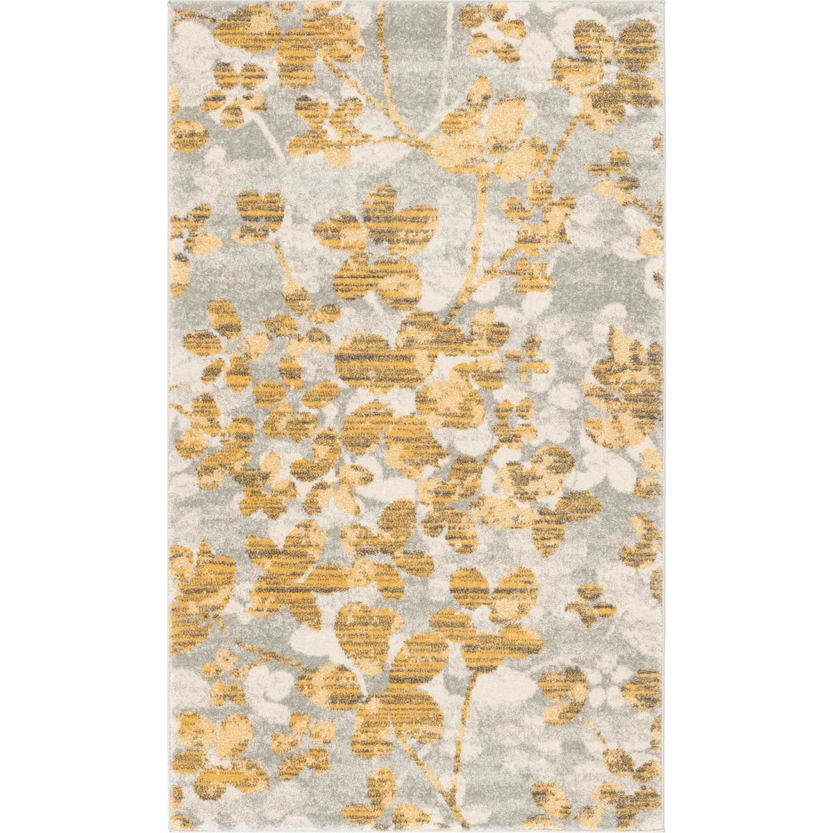 A gray area rug with sprawling gold floral motifs and subtle vintage-inspired texture