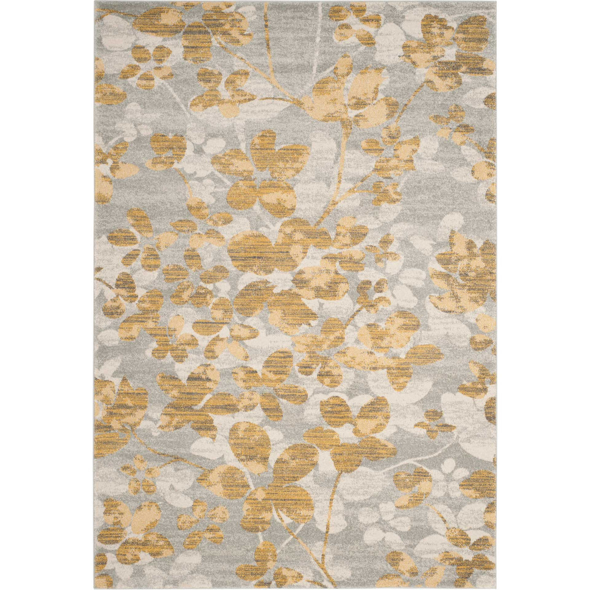 Warm gold blossoms and delicate branching stems brighten this softly textured gray rug