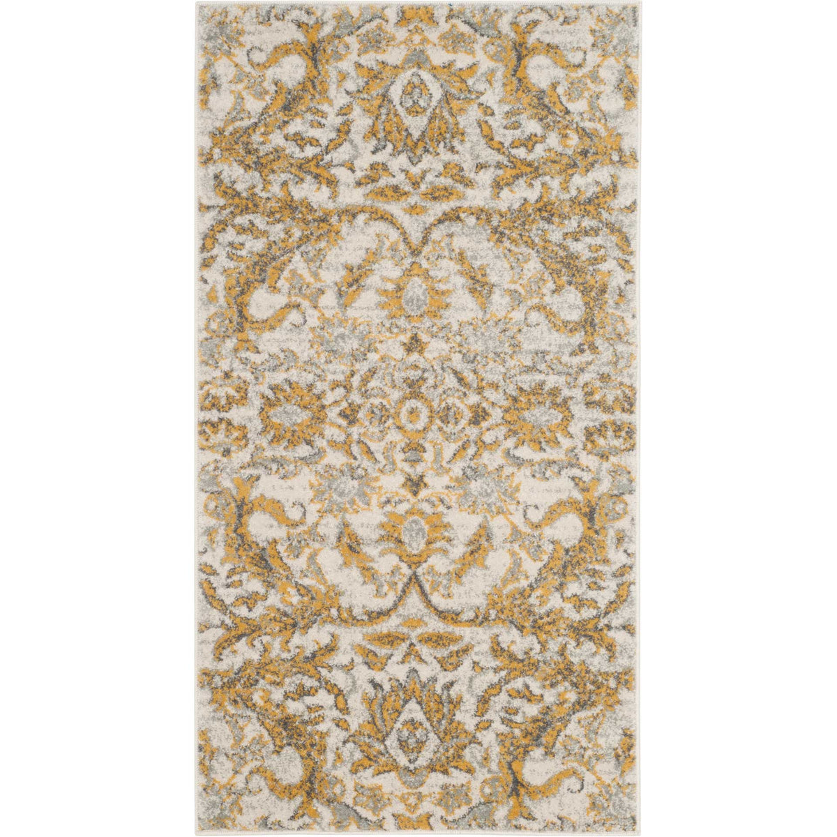 Small ivory and gold rug with an intricate floral medallion and warm, timeworn accents