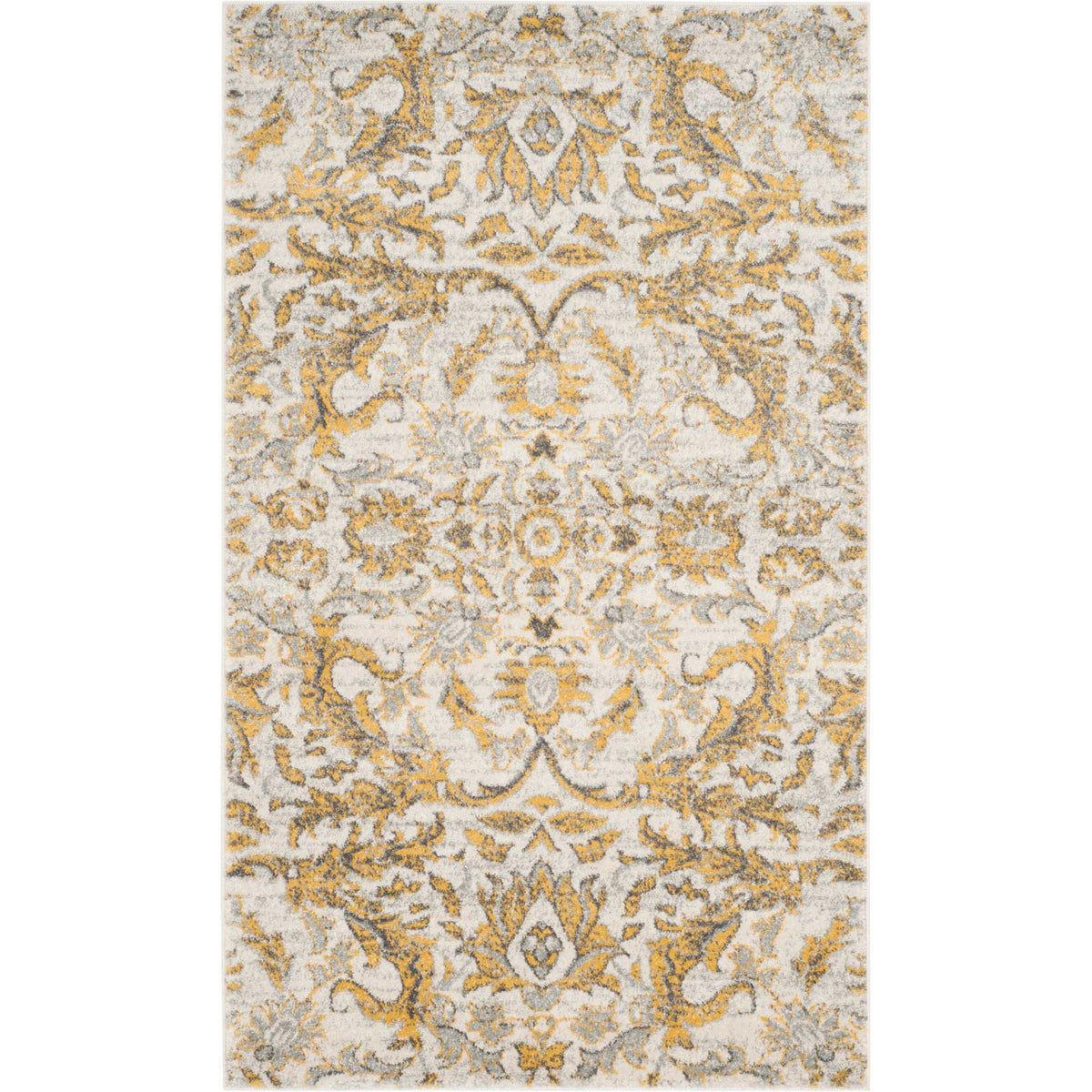 Compact ivory rug adorned with golden floral vines and a richly detailed central motif