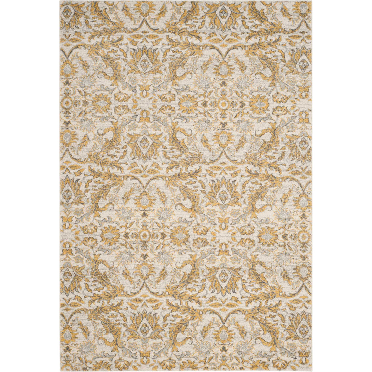 Ivory and gold area rug with repeating floral medallions and delicate ornamental details