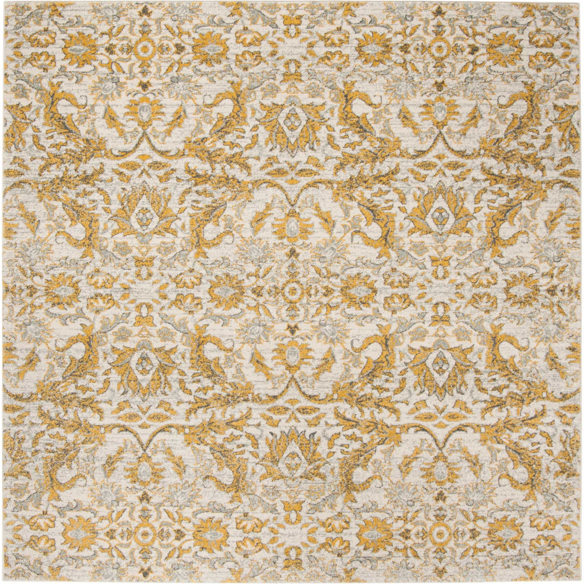 Square ivory and gold rug with ornate blooms, curling vines and a balanced allover design