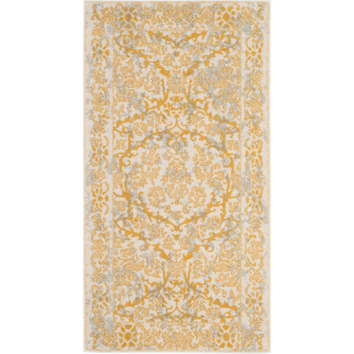 A compact ivory rug features a golden central medallion and intricate floral edging