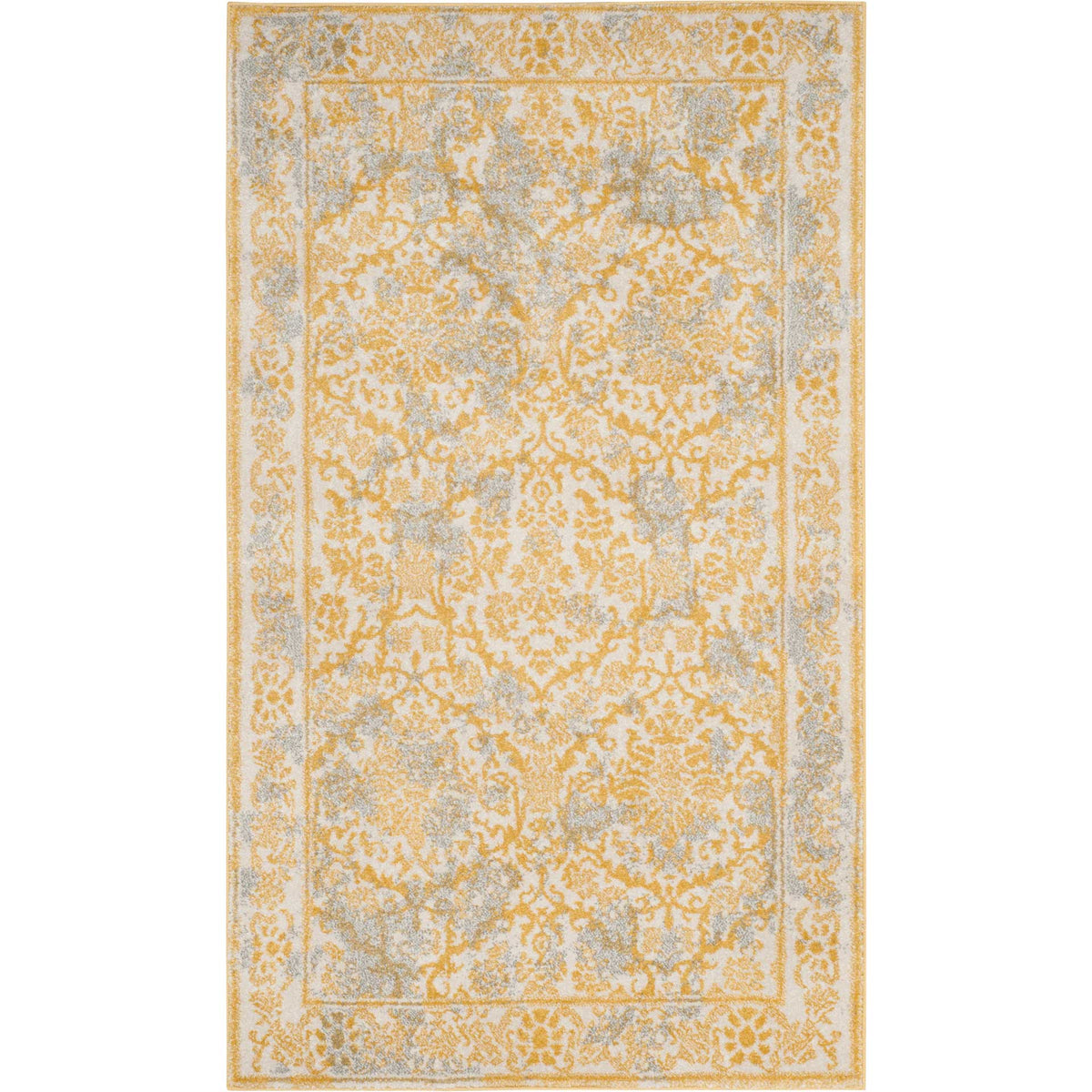 Golden floral vines sweep across an ivory rug within a narrow scrollwork border