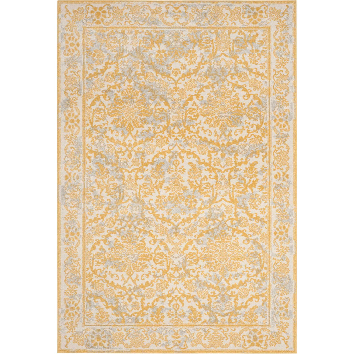An ivory and gold rug pairs layered floral medallions with a detailed ornamental border