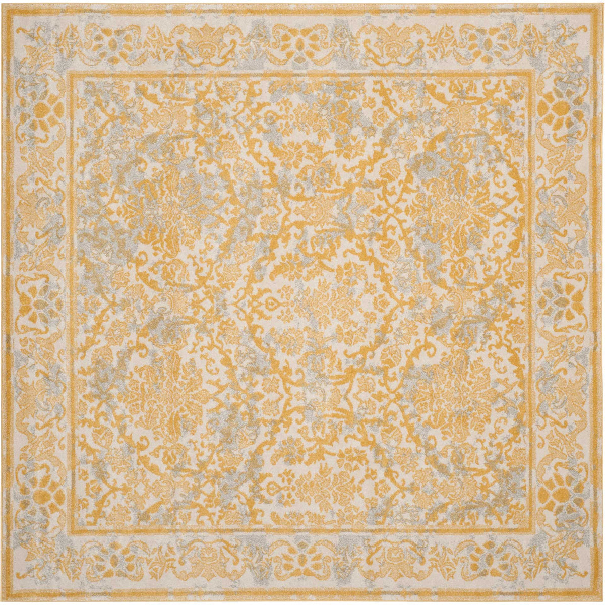 A square ivory rug features golden floral scrollwork and a richly patterned border