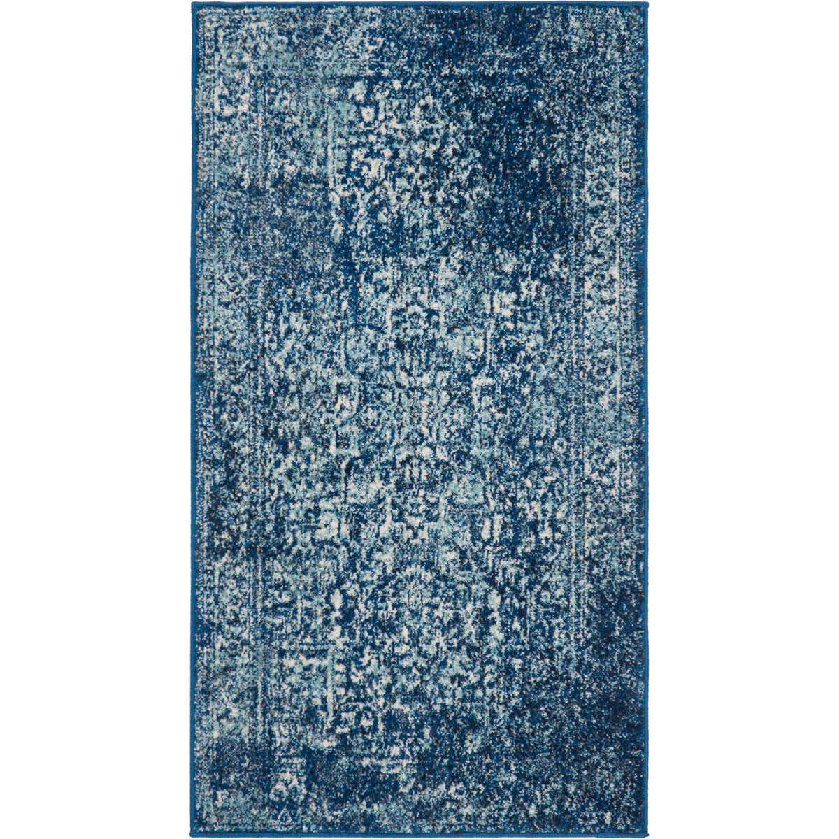 Navy and ivory area rug with an elaborate medallion and weathered floral border || EVK256A-8 || top_studio