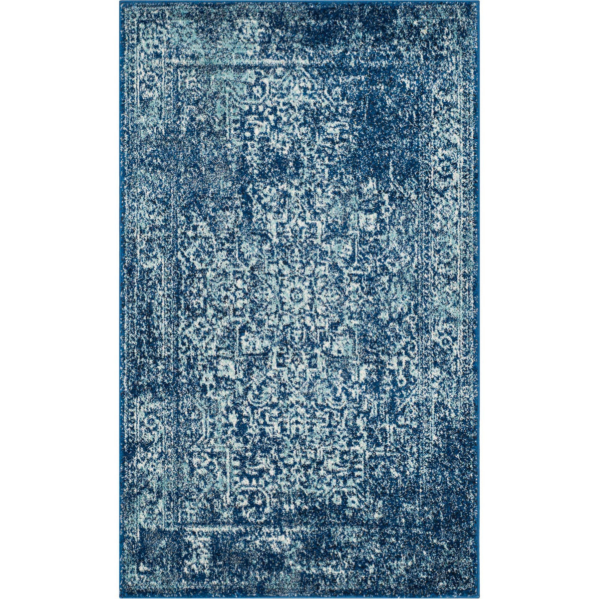 Compact navy and ivory rug with a softly faded traditional design