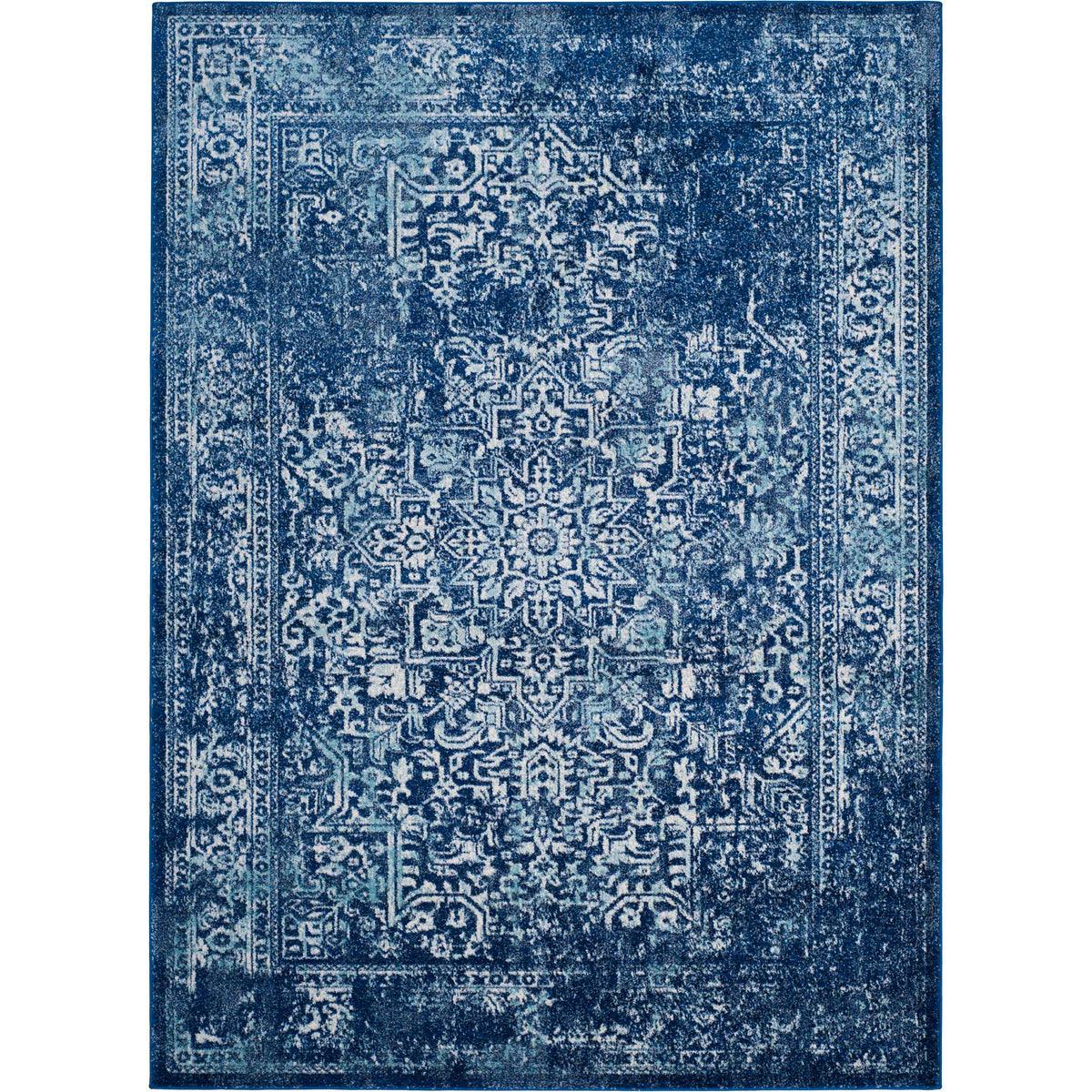 Deep navy and ivory rug with a richly detailed central medallion and ornate frame