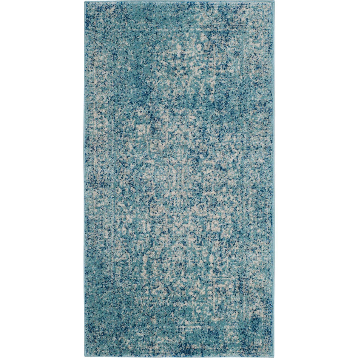 Petite blue and ivory accent rug with a softly distressed ornamental pattern
