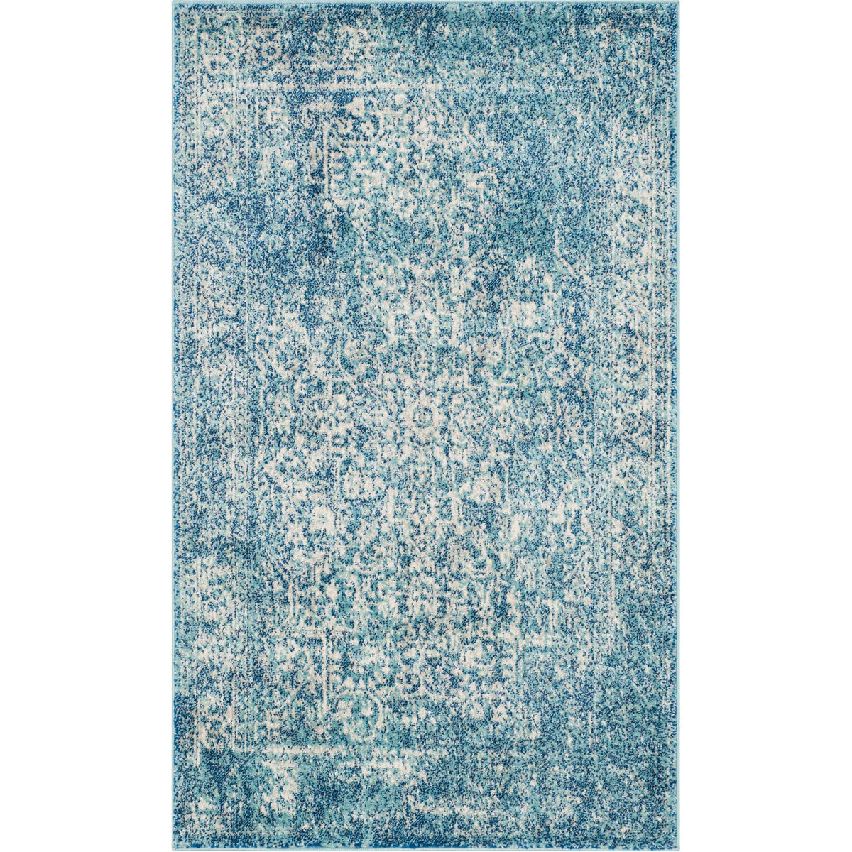 Blue and ivory rug with a gently distressed medallion design in a compact rectangle