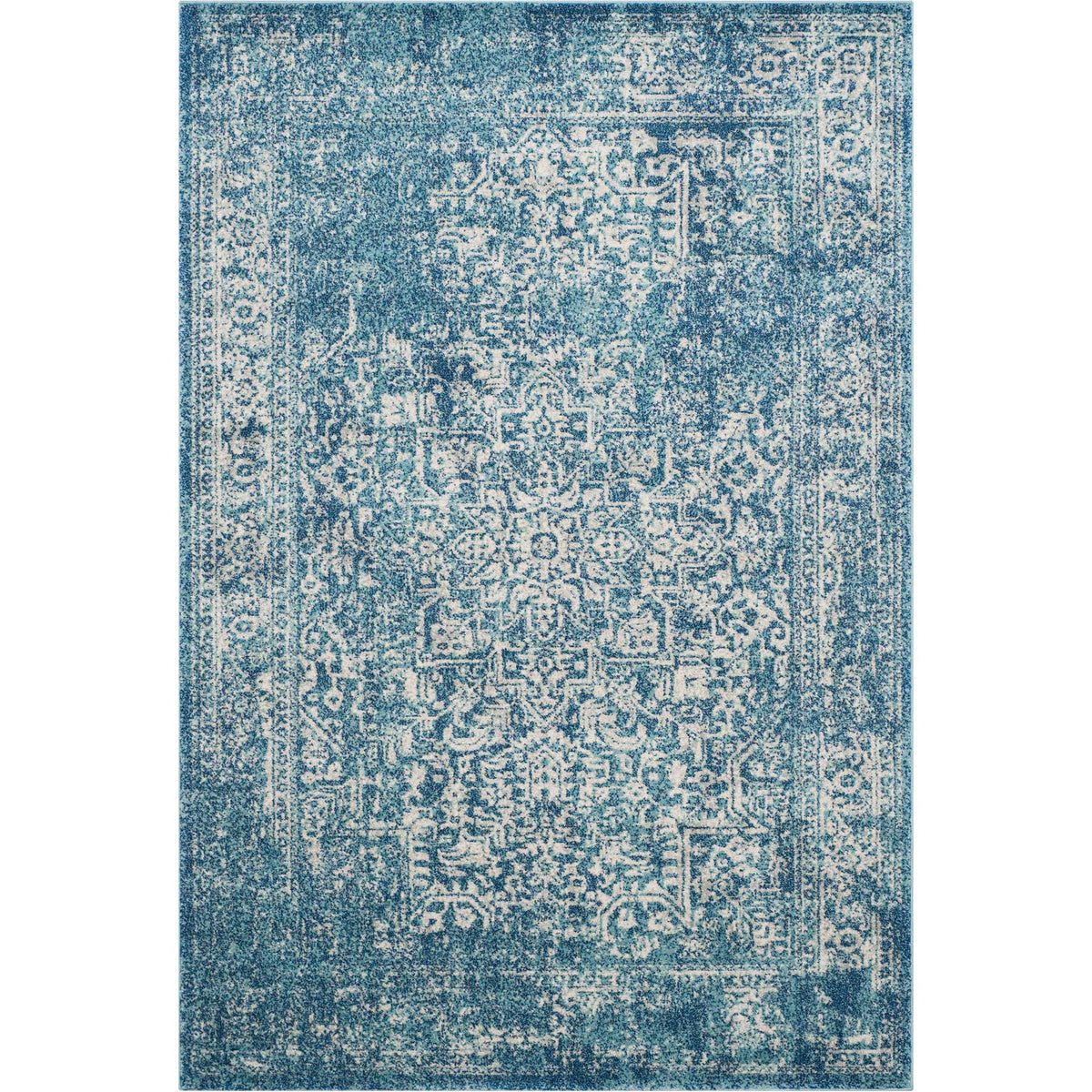 Blue and ivory rug with an intricate central motif and a softly faded traditional border