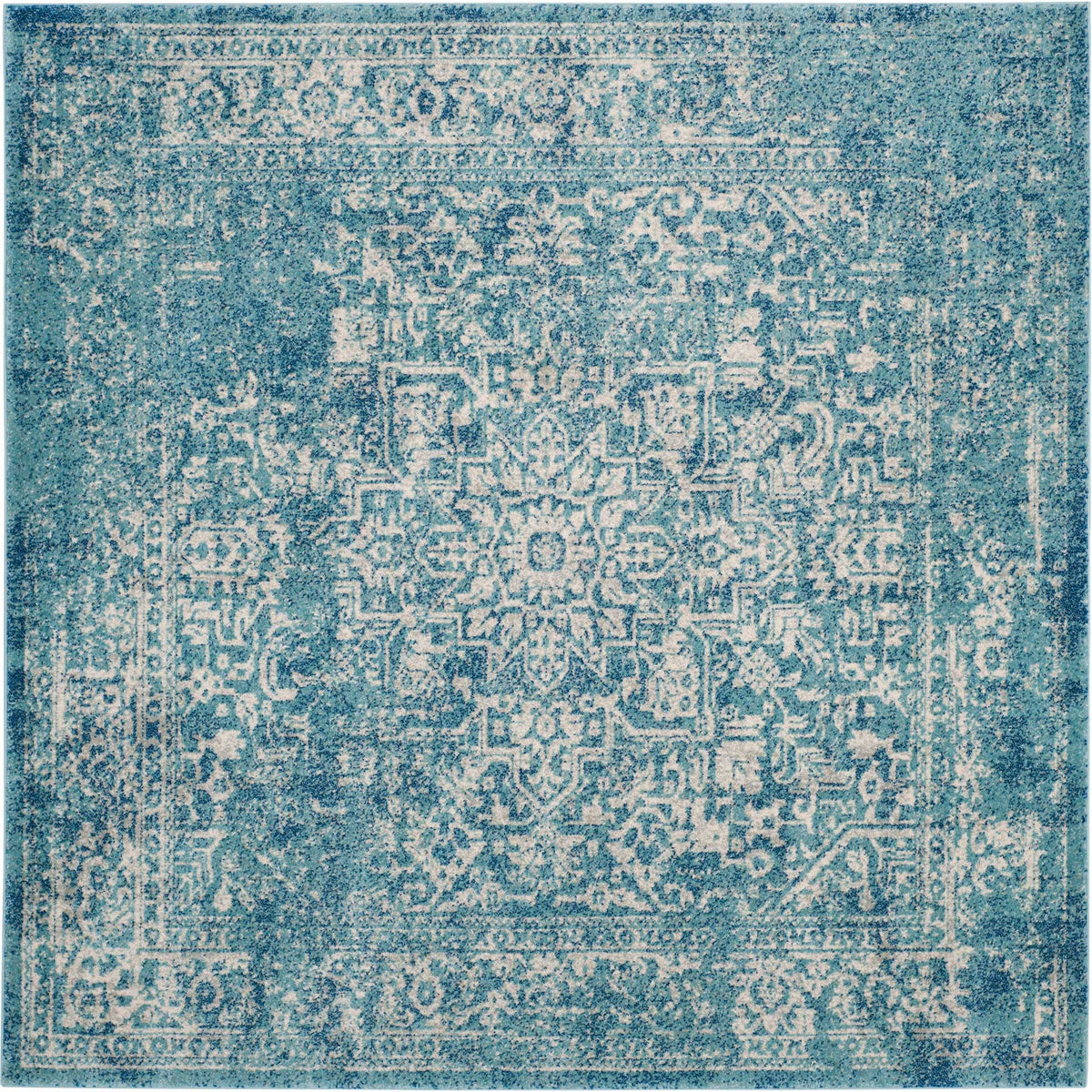 Square blue and ivory rug with a centered floral medallion and ornate frame