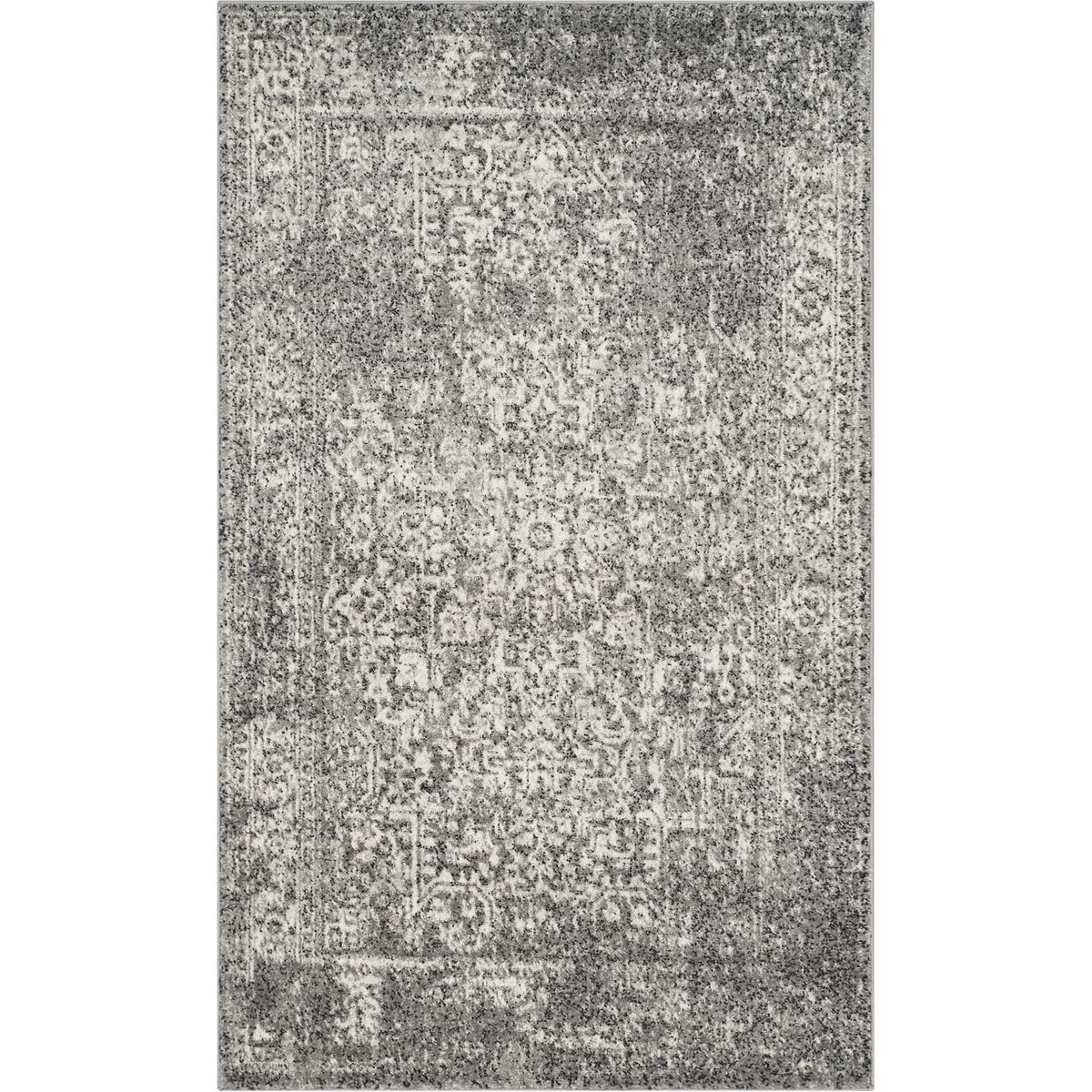 Compact gray and ivory rug with a softly worn traditional medallion design