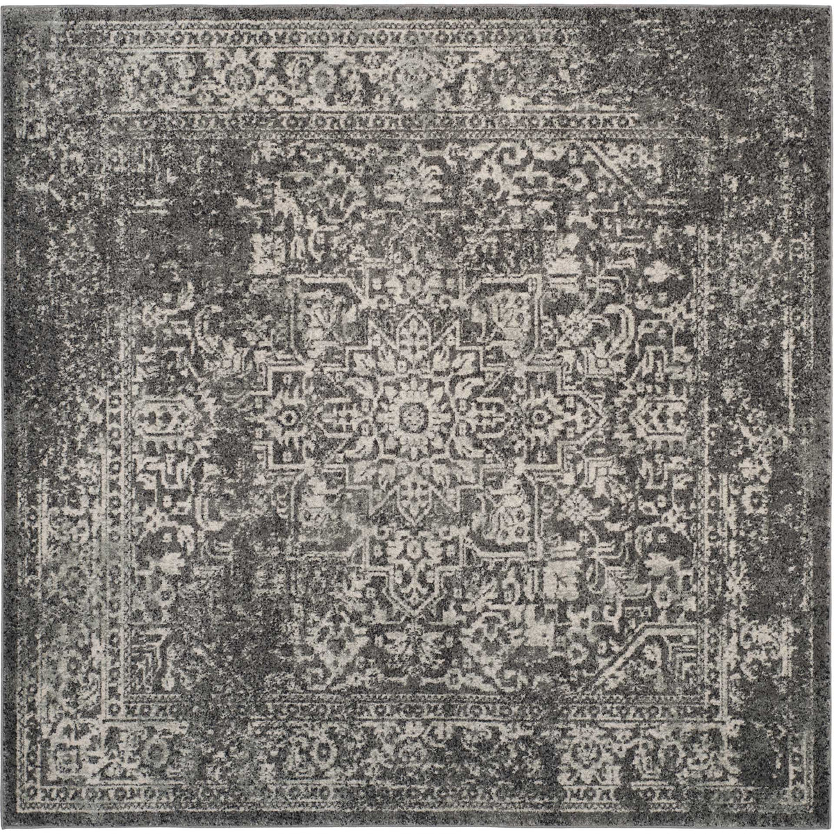 Square gray and ivory rug with a symmetrical floral medallion and ornate edging