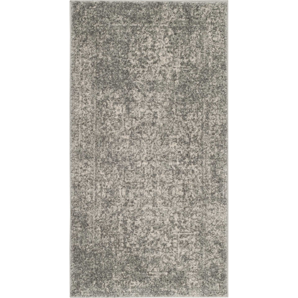 Petite silver and ivory accent rug with a muted, vintage-inspired design