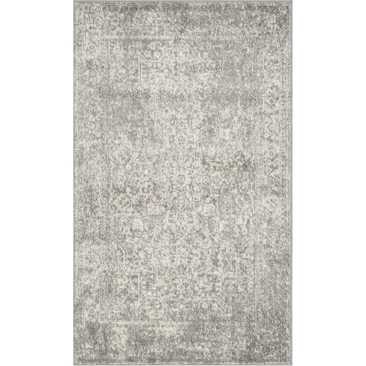 Compact silver and ivory rug features softly distressed ornamental patterning