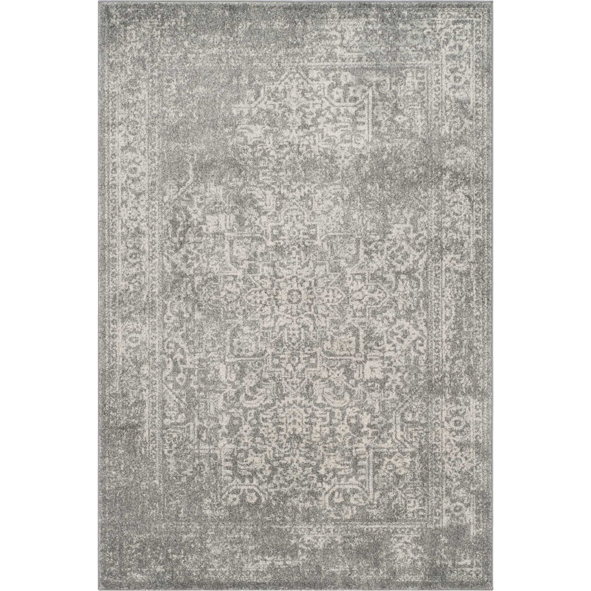 Silver and ivory rectangular rug combines a washed-out floral motif with subtle borders