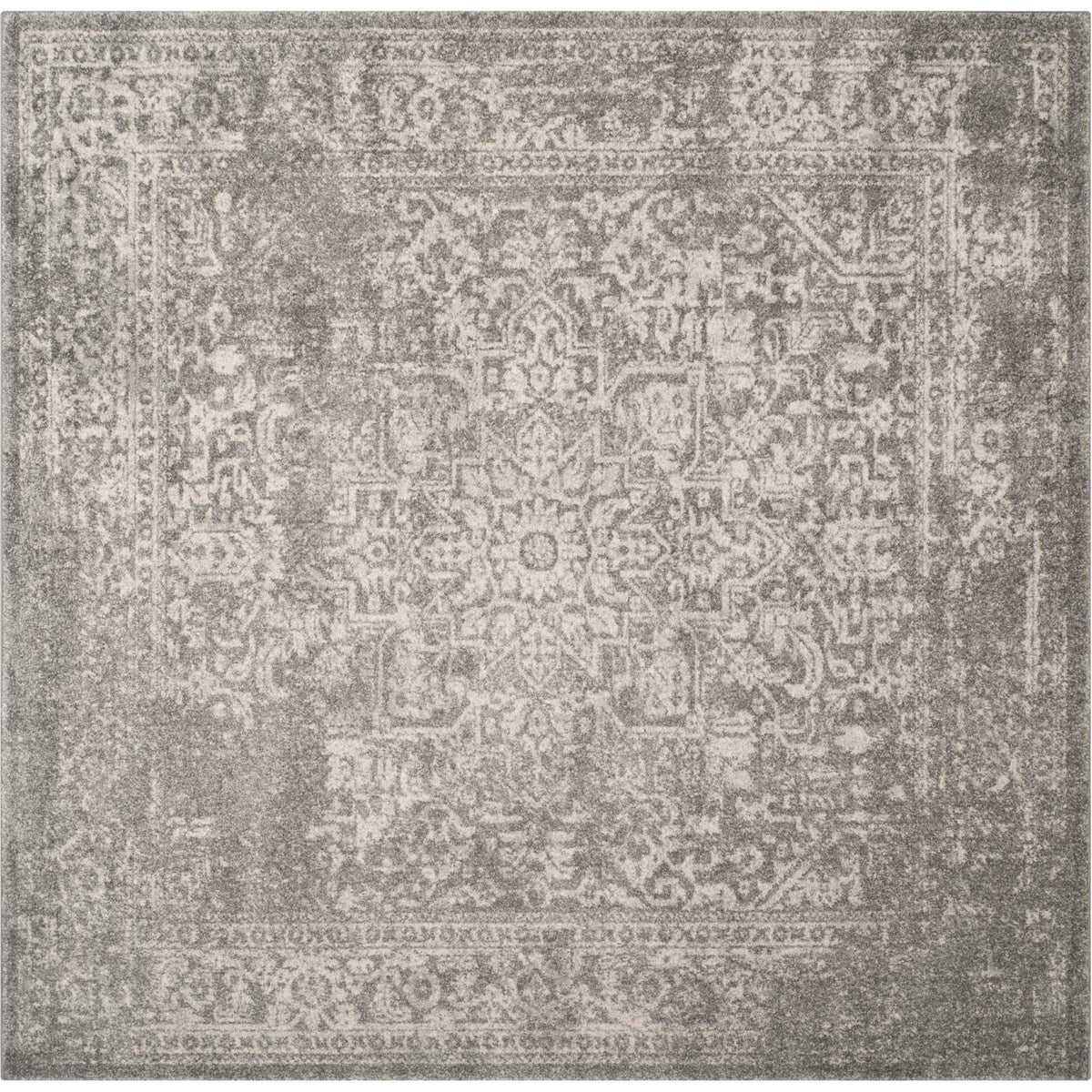Square silver and ivory rug with a delicate medallion and traditional floral frame
