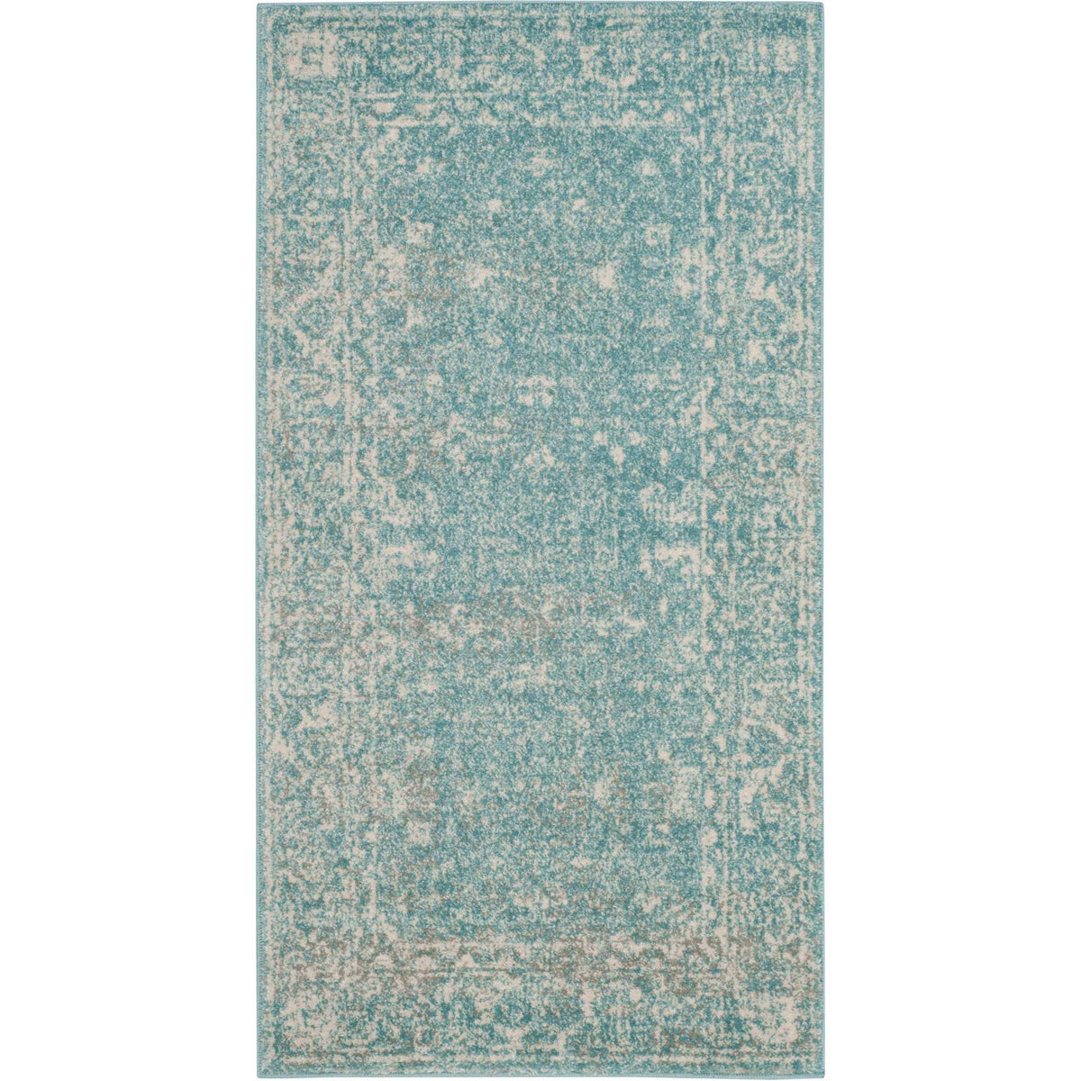 Light blue and ivory rug features a softly faded floral field and ornamental border || EVK270D-8 || top_studio