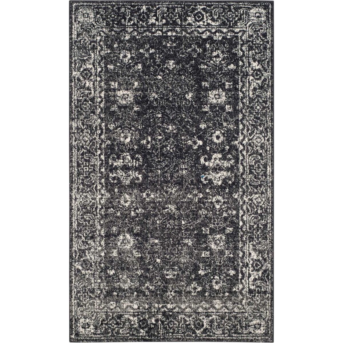 Charcoal and ivory rug with a distressed floral field and ornate border || EVK270K-8 || top_studio