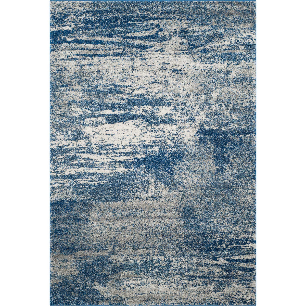 This navy and ivory rug features broken horizontal brushstrokes and a gently faded finish.