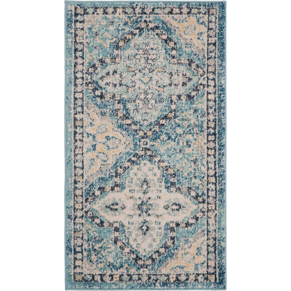 A small light blue and ivory accent rug with two ornate medallions and a patterned border