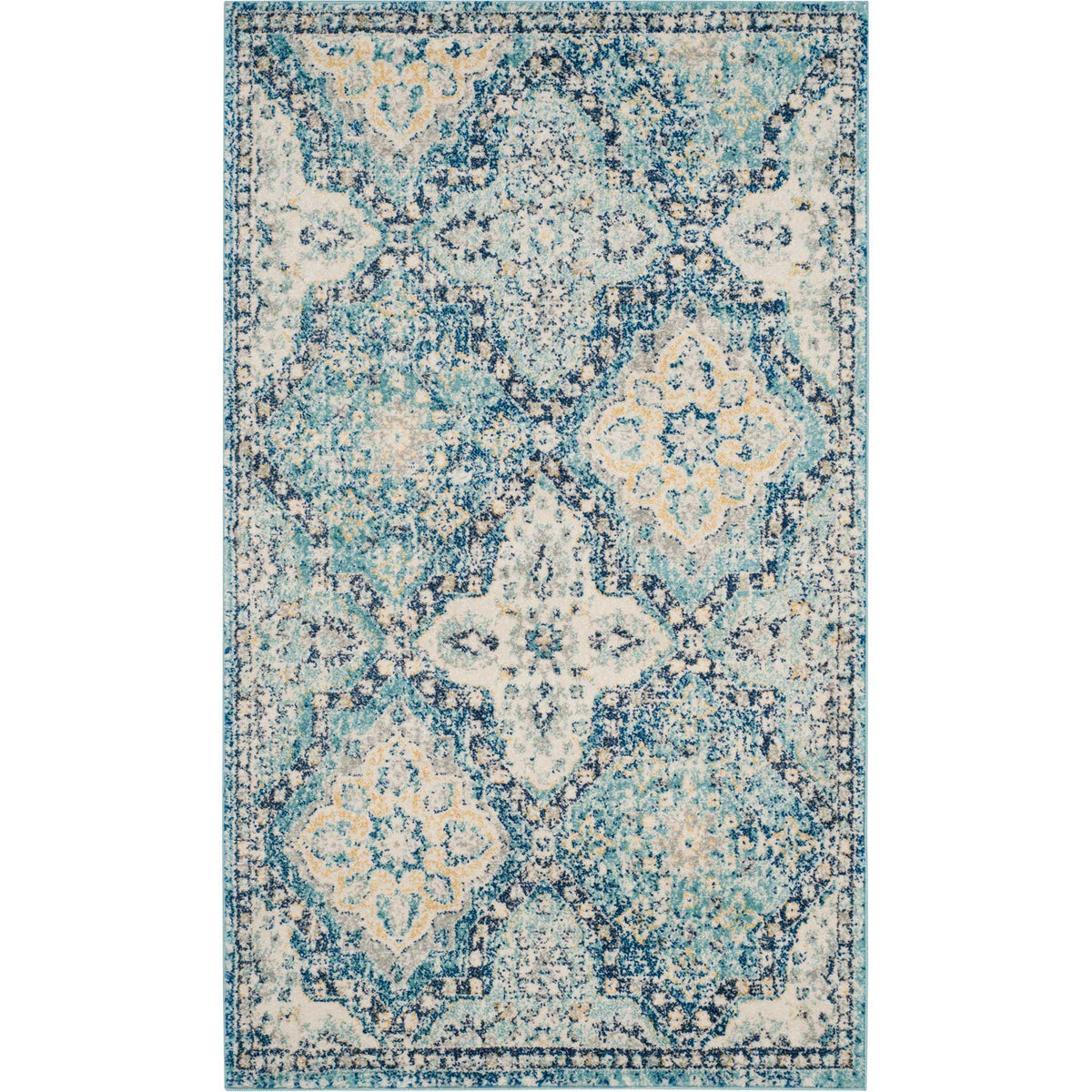 A compact light blue and ivory rug features scrolling medallions and a vintage-inspired border