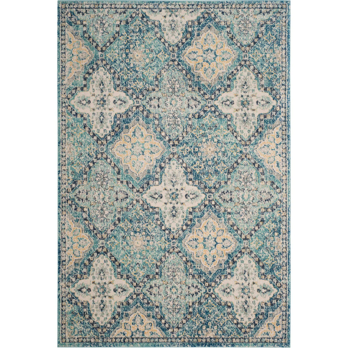 A rectangular rug blends light blue and ivory floral medallions with a softly distressed finish