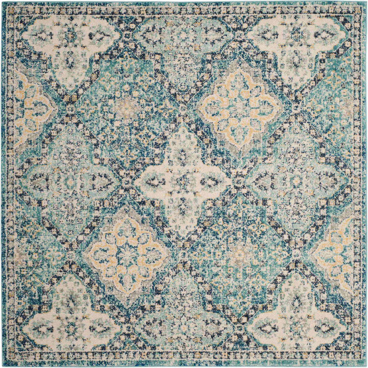 A square blue and ivory rug pairs ornate repeating medallions with a decorative border