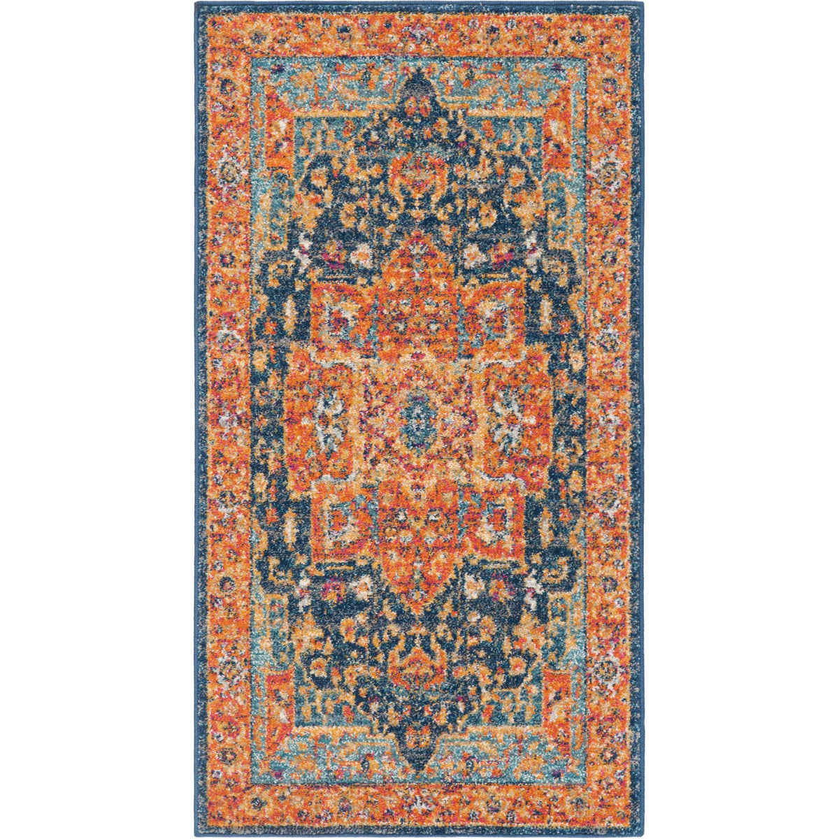 A small accent rug offers vivid orange ornament against deep blue and turquoise details.