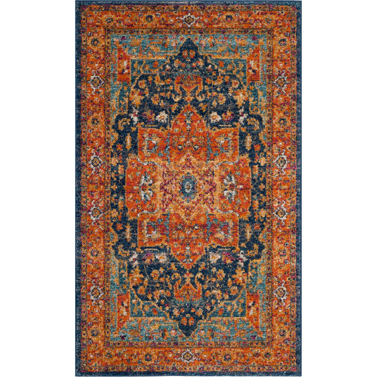 A compact blue and orange rug pairs a classic medallion with a richly decorated border.