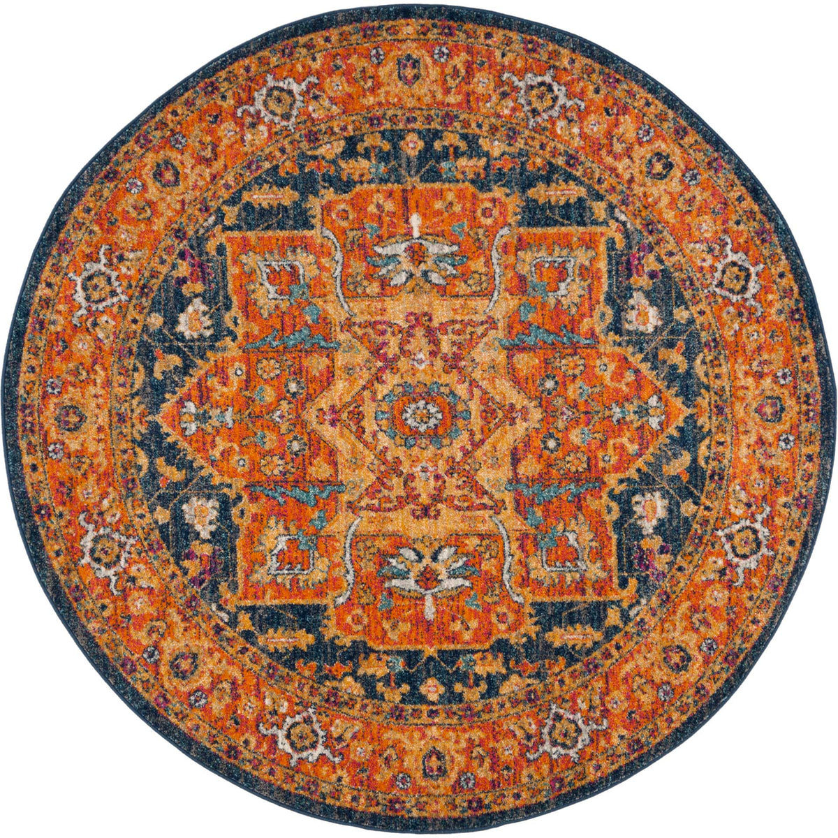 Rich orange floral motifs surround a blue-accented medallion on this round rug